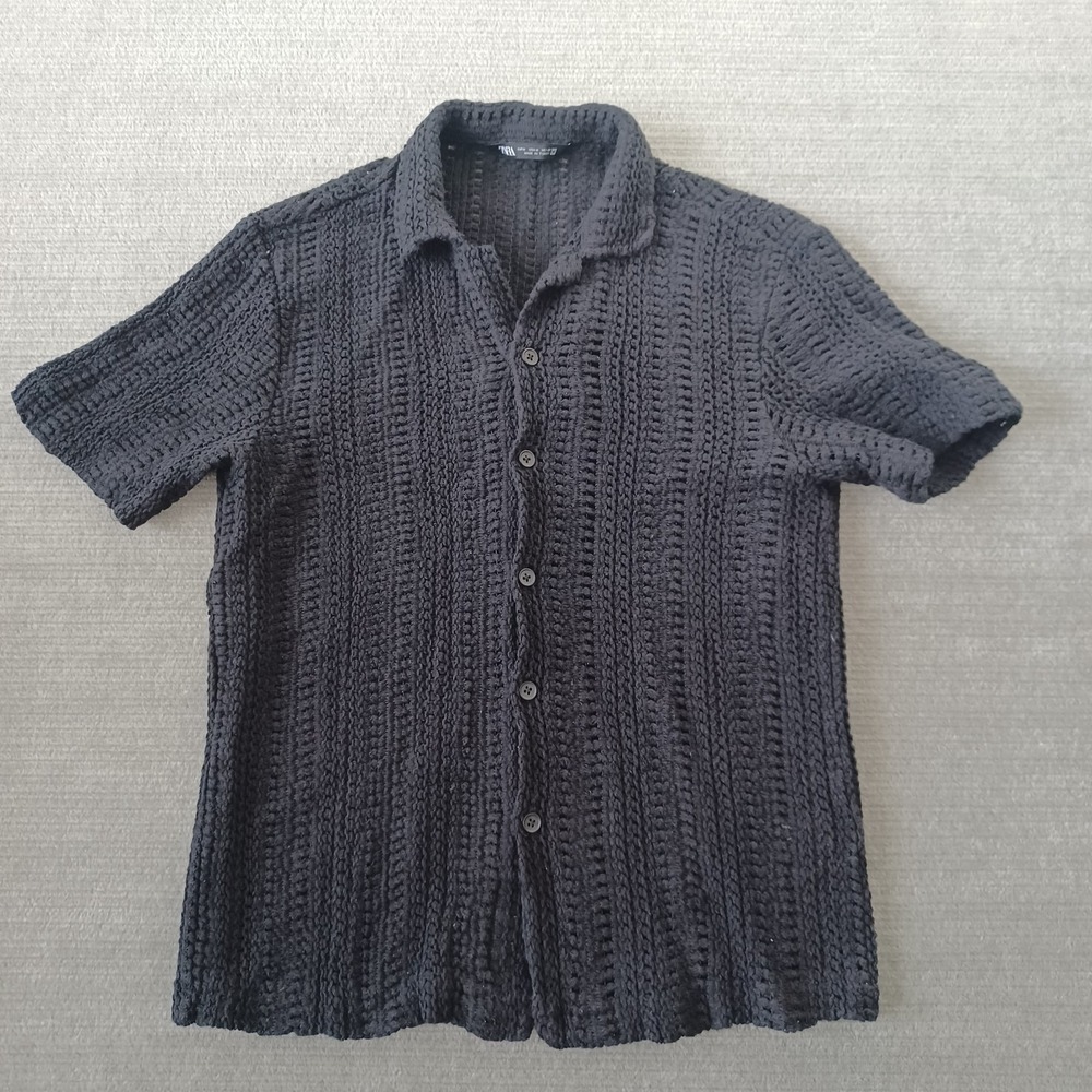 Zara Crochet Button Up Shirt Mens M Black Knit Short Sleeve Slim Beach Resort